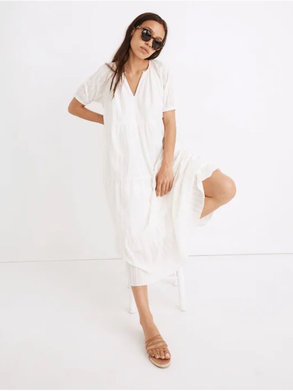 Madewell Bubble-Sleeve Tiered Midi Dress in Textural Stripe, size XSP